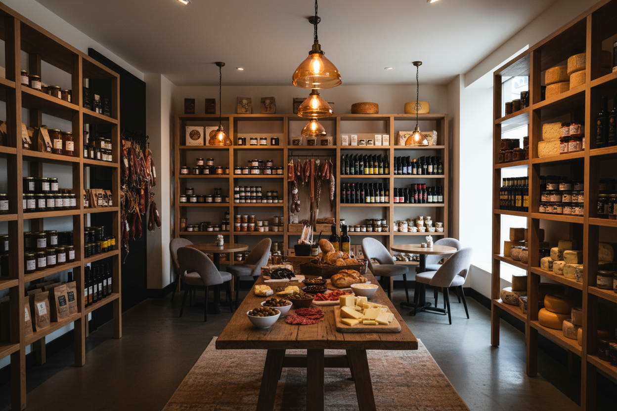 Image d'une épicerie fine avec produits variés (sucrés et salés) avec une table chaleureuse, des étagères remplies. Une boutique assez moderne, comfy, accueillante qui donne envie de rentrer déguster et suffisamment spacieuse pour avoir 3 petites tables pour déguster sur place. Image avec un contraste assez sombre au moins sur la partie gauche (pour mettre en avant les textes) 